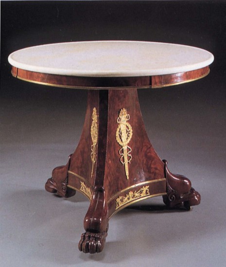 Austrian, 19th Century, Neoclassical Mahogany and Parcel Gilt Center Table
1800-1825, Mixed Woods and Brass